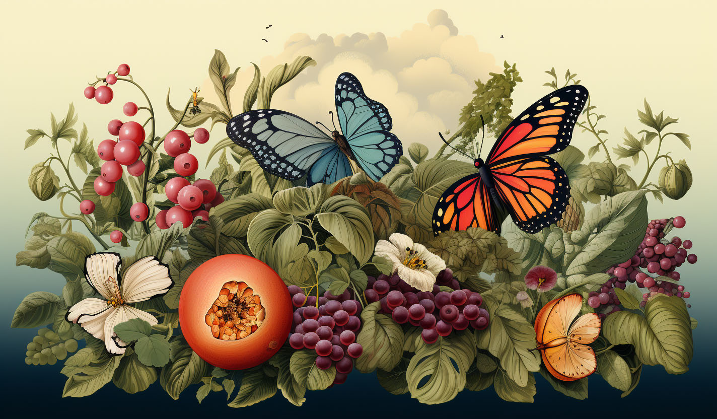 a-painting-of-a-bunch-of-fruit-and-butterflies